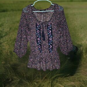 Cottage Core Prairie Blouse Womens Size S/P Petite Boho Hippie Purple Hues Sheer
